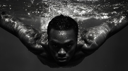 Muscular Man Underwater Black And White Dramatic Swimming Portrait