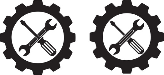 Two crossed tools inside gear silhouettes