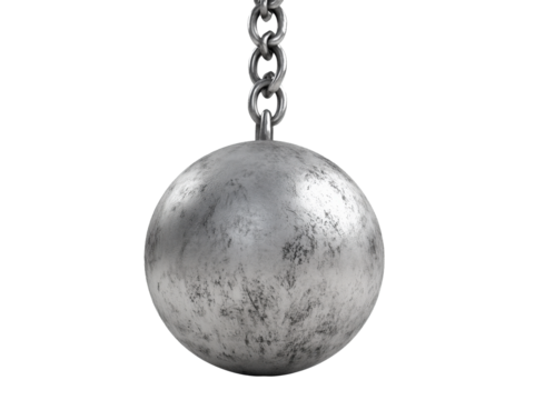 Heavy metal ball on a chain hangs freely,isolated on transparent background