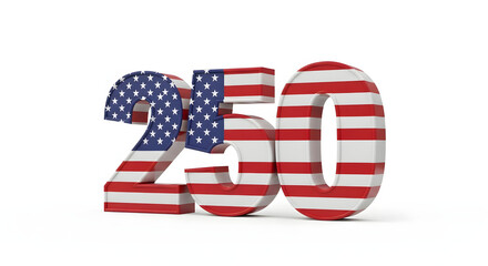 A 3D rendering of the number 250 decorated with the American flag, symbolizing the USA's Semiquincentennial anniversary.