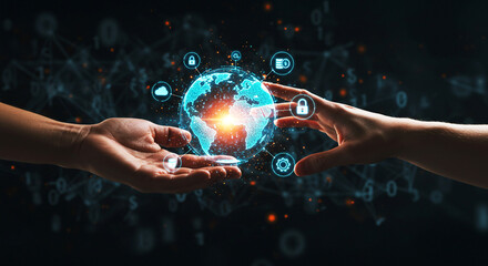 Digital Transformation and Global Strategy, a Photo Highlighting Two Hands Interacting with a Glowing Globe with a Network of Icons for Analytics and Cloud Solutions.