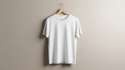 A plain white T-shirt on a hanger, perfect for apparel branding, e-commerce listings, or print-on-demand. Ideal for showcasing minimalist fashion, customizable designs, and retail product marketing.