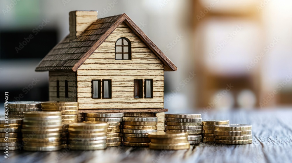 Poster a wooden house model with a stack of coins in front of it.