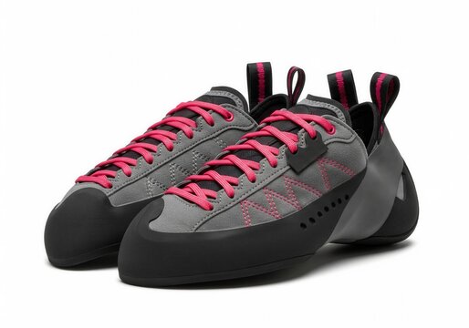 A pair of gray climbing shoes with black toe caps and pink laces, essential for rock climbing and bouldering. Isolated white background. Climbing, Sport, Footwear, Outdoor. - Powered by Adobe
