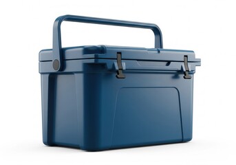A sturdy blue cooler with a large handle and robust latches, perfect for keeping drinks and food cold outdoors. Isolated white background. Cooler, Outdoor, Camping, Food Storage.