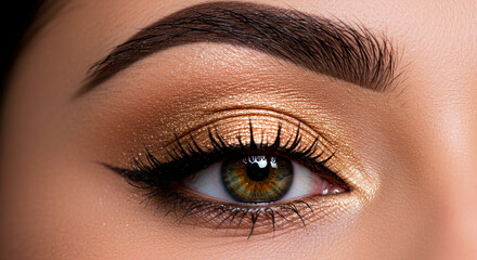 Obraz premium Close-up of a beautiful eye with professional make-up, featuring golden eyeshadow, eyeliner, and long eyelashes