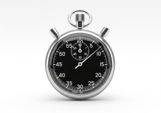 A classic silver stopwatch with a black dial and white numbers, essential for precise timing in sports and events. Isolated white background. Time, Sport, Measurement, Classic. - Powered by Adobe