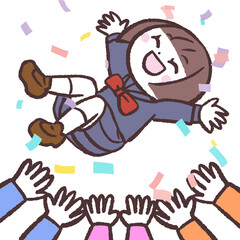胴上げされる女子生徒のイラスト