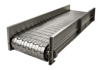 Slat conveyor with interlocking slats and side guards in a steel manufacturing plant.