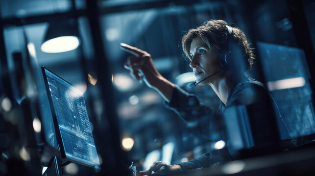 A focused team in a tech-driven workspace using touchscreen monitors and holographic interfaces.