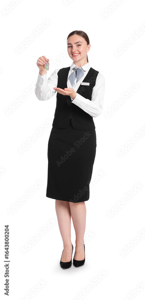 Aufkleber smiling receptionist in uniform with guest room key on white background