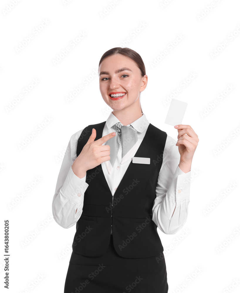 Poster smiling receptionist in uniform pointing at hotel key card on white background