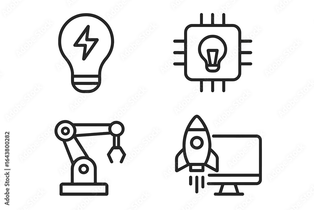 Poster innovative symbols representing technology concepts in a minimalistic style