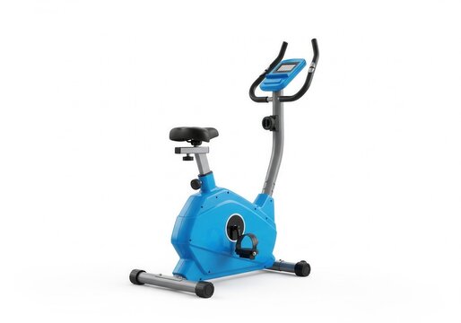 A blue stationary exercise bike with a digital display and adjustable seat, perfect for home cardio workouts. Isolated white background. Fitness, Exercise, Gym, Equipment..