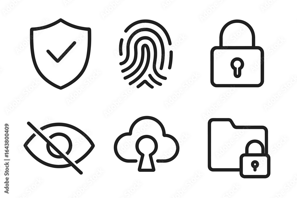 Poster icons representing security concepts such as data protection, authentication, and privacy measures i