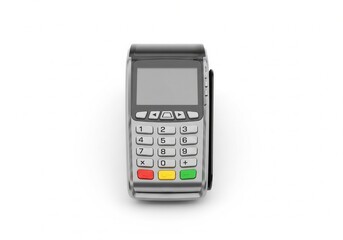 A silver and black payment terminal with a keypad and blank screen, ready for transactions. Isolated white background. Retail, Technology, Business, Finance.