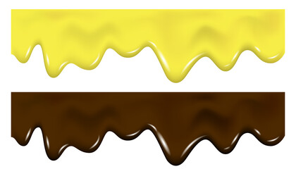 Realistic yellow, brown chocolate drip cream drops, marmalade.