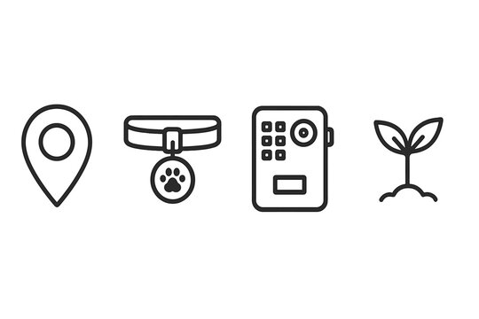 Creative icons representing location, pet identification, data storage, and growth in a minimalist design for modern applications