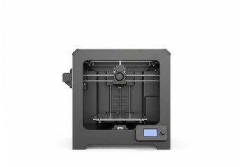 A black 3D printer with a visible print bed and blue display, ready for rapid prototyping and manufacturing. Isolated white background. Technology, Manufacturing, Innovation, Electronics.