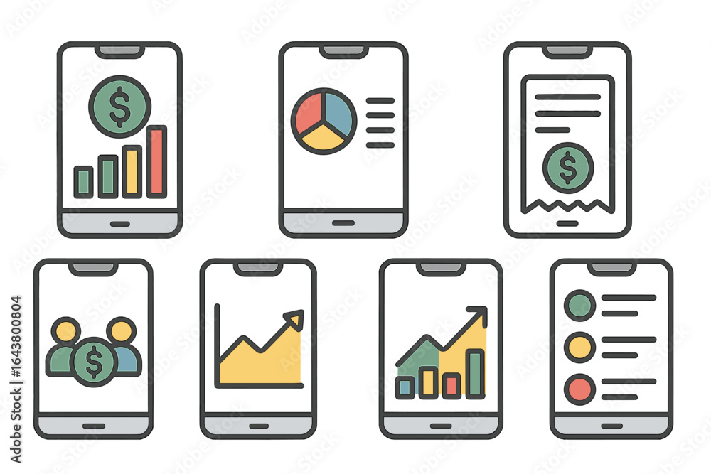 Poster financial analytics and reporting tools displayed on mobile devices in modern workspace environment