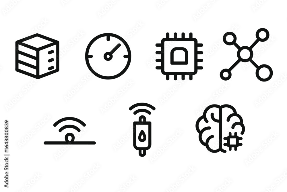 Poster illustrations showcasing technology concepts related to computing and connectivity in a minimalist d