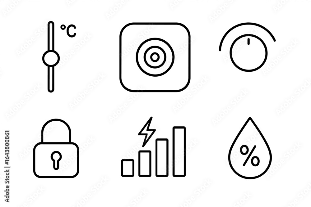 Poster icons representing various concepts such as temperature control, security, and data analysis in a mi