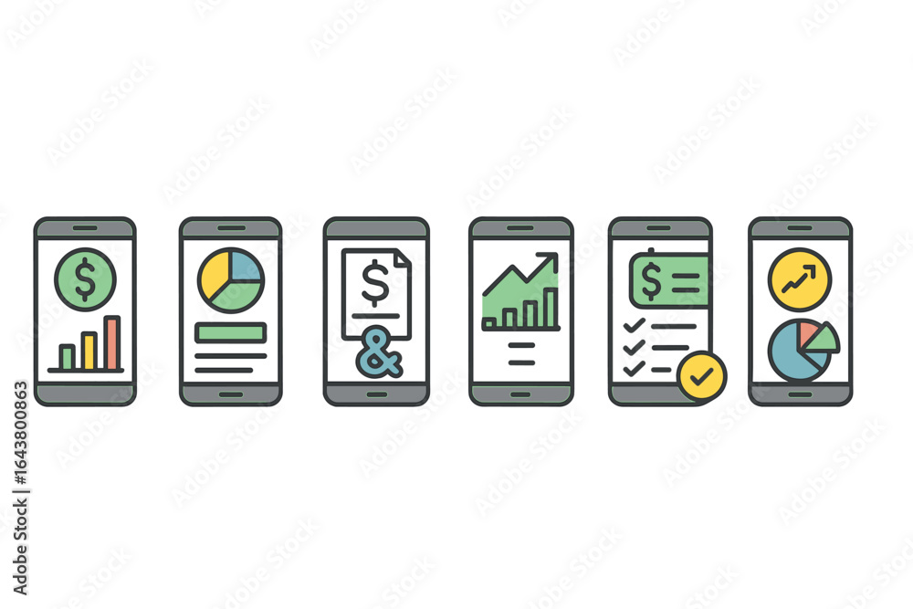 Poster financial analysis tools displayed on multiple mobile screens illustrating various data visualizatio