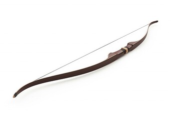 A classic wooden recurve bow with a taut string, ready for archery practice or hunting. Isolated white background. Archery, Sport, Weapon, Outdoor.