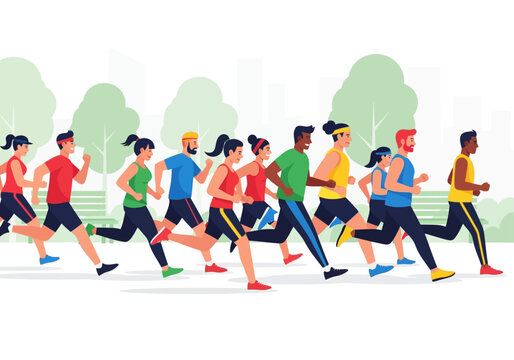 Group of diverse people running marathon near trees and buildings. Suitable for sports, fitness, health, lifestyle, and outdoor activities.
