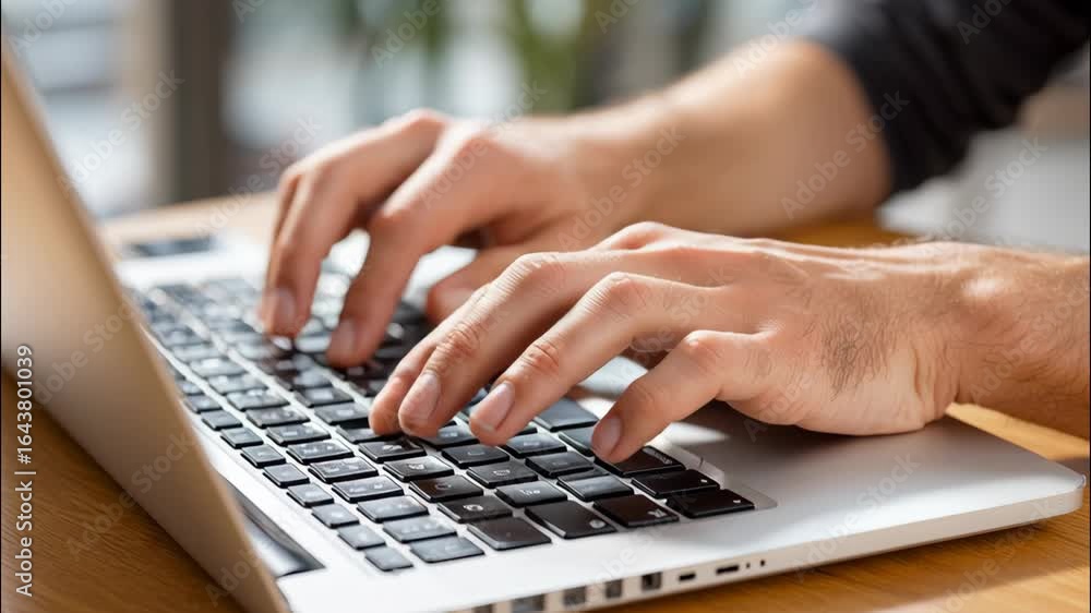 Aufkleber close-up view of hands typing on laptop keyboard in a busy work environment