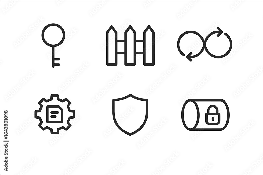 Poster collection of simple line icons representing security, access, and barriers in a digital context