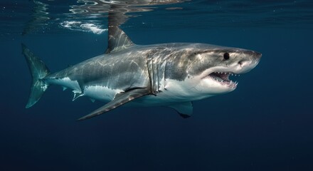 Naklejka premium Majestic Great White Shark Surfaces with Powerful Jaws and Keen Eyes in Deep Blue Ocean