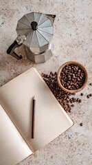 Morning Coffee Ritual with Notebook and Espresso Maker