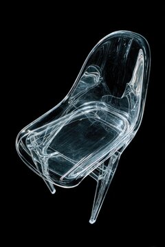 Ghostly, translucent plastic chair, seemingly floating against a stark black backdrop, exhibiting a sleek, minimalist design with delicate, curved legs