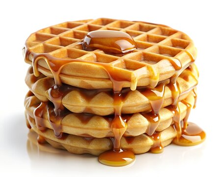 Stack of golden brown waffles with caramel sauce dripping down, isolated on white background