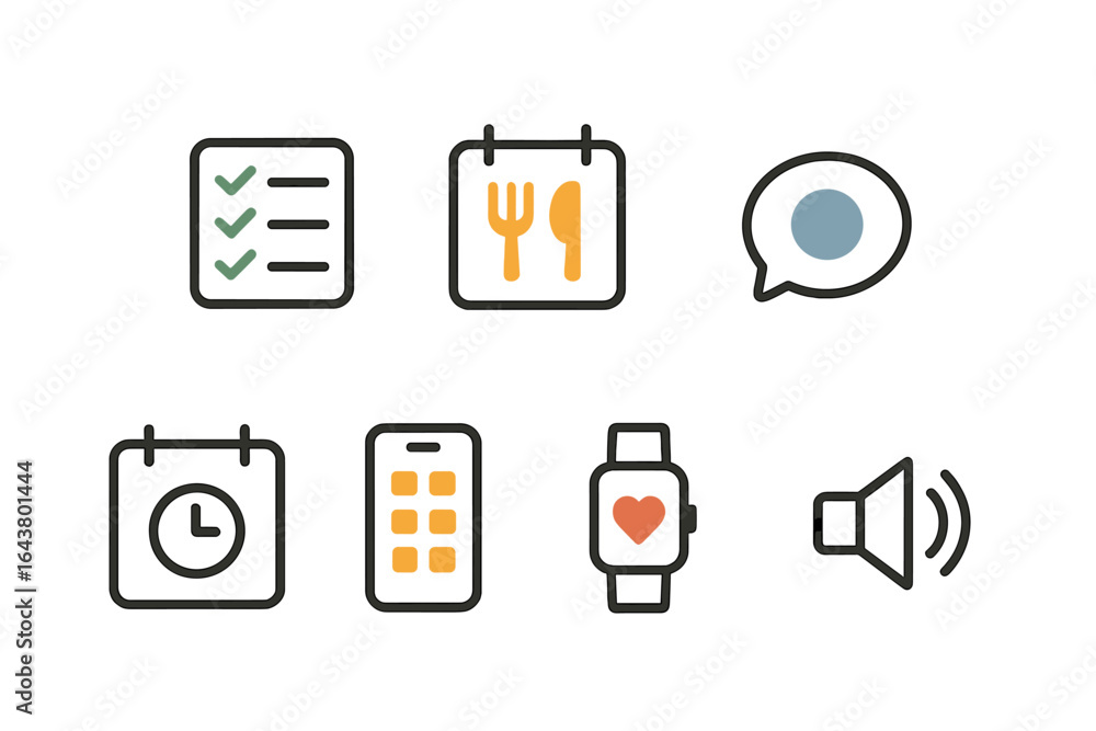 Poster icons representing various daily activities and reminders for organizing tasks and meals during a bu