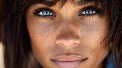 Fototapeta premium A close-up portrait of a woman showcasing her striking blue eyes and freckles. The image captures her natural beauty and expressive gaze.