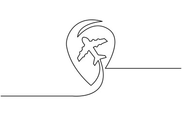 Airplane travelling continuous one line draw with map pin location,  line map location pin concept vector art. Doodle line illustration.