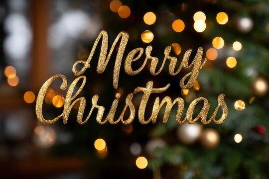 Gold glitter Merry Christmas text overlaying a softly focused Christmas tree with blurred lights and ornaments