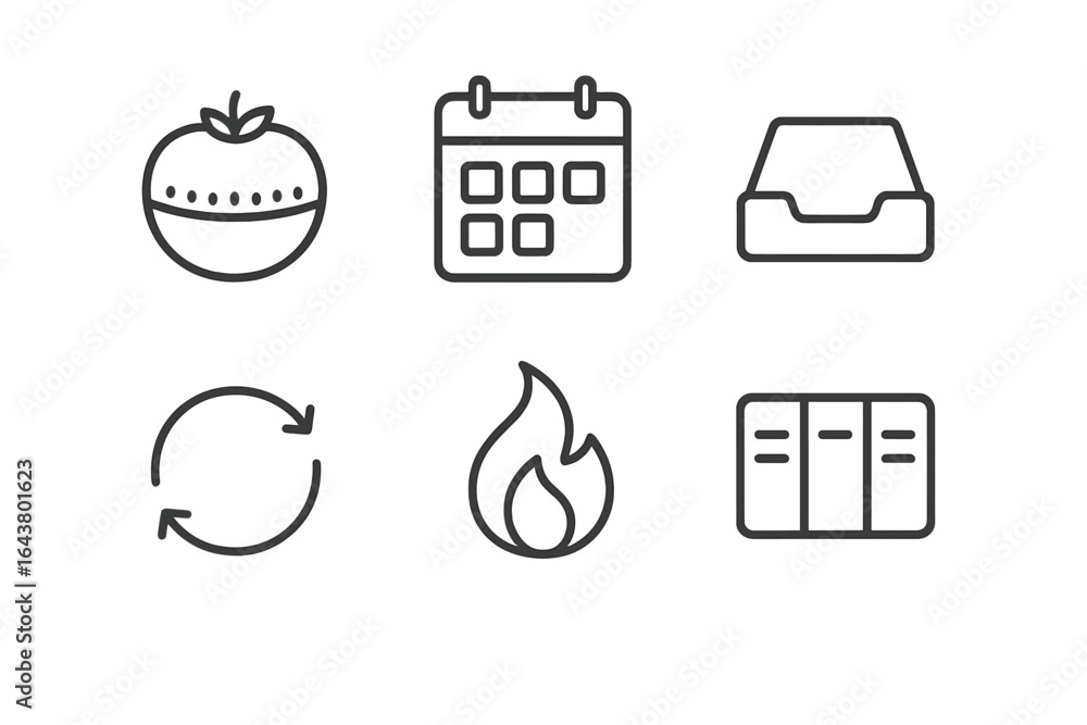 Poster symbols representing various concepts including food, time management, and recycling found in a simp