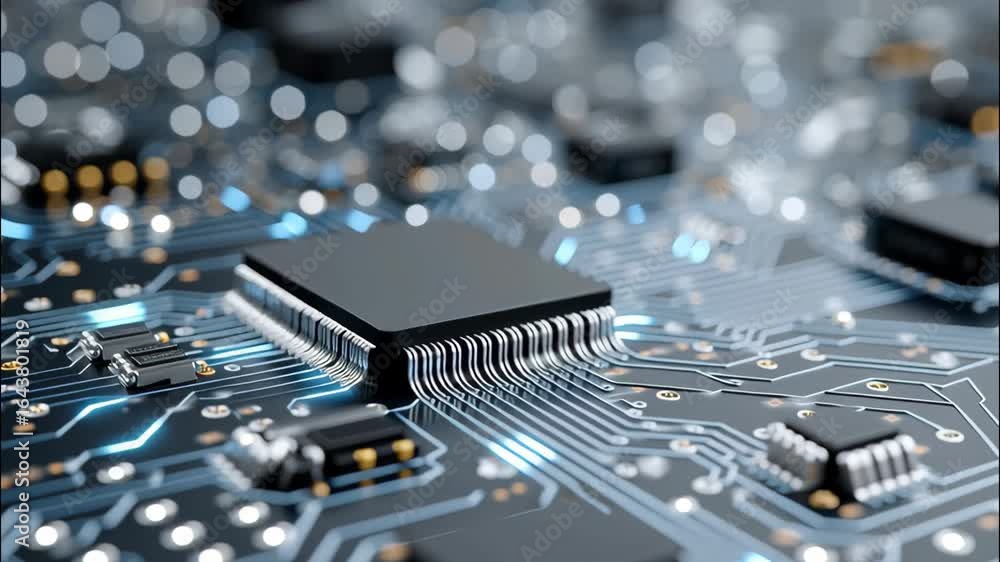 Poster detailed macro view of powerful central computer chip on circuit board highlighting digital technolo