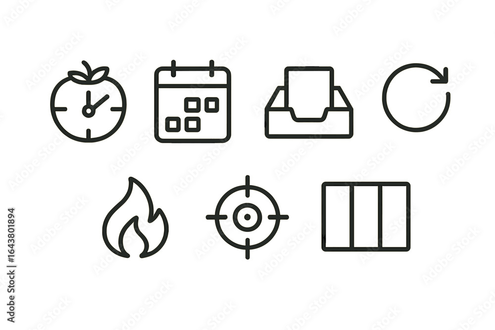 Poster Collection of simple icons illustrating time management and productivity tools for efficient planning and task tracking