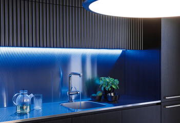 Modern kitchen design features sleek sink and ambient lighting in a stylish interior setting