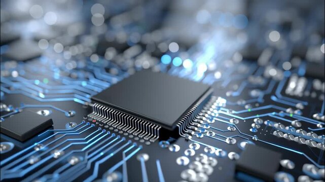 Close-up Macro View of a Powerful Computer Processor on a Circuit Board with Glowing Electric Connectors for Technology Use