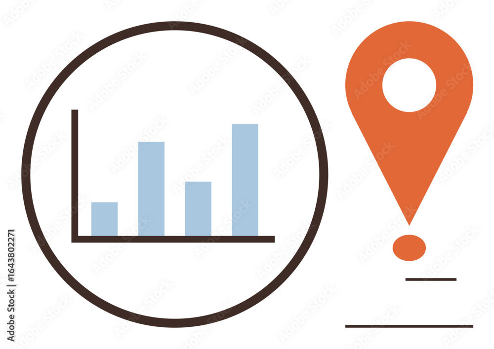 Poster blue bar chart in a circle next to large orange location marker with exclamation point. ideal for da
