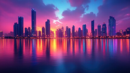 Obraz premium Vibrant city skyline at sunset with reflective waterfront