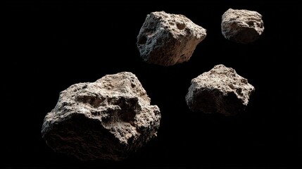 Fototapeta premium Four Small Asteroids In Space Against A Black Background
