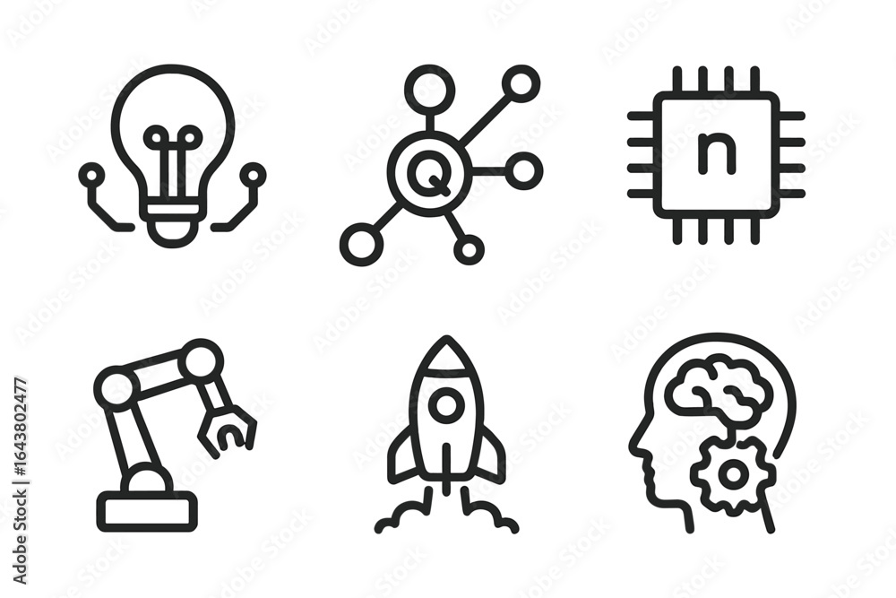 Poster innovation in technology showcases elements of robotics, artificial intelligence, and quantum comput