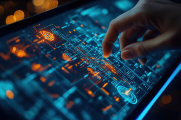 A hand interacts with a high-tech touchscreen displaying intricate data and graphics in vibrant colors.