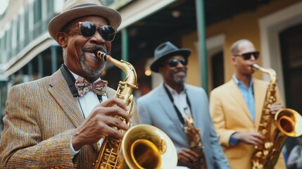 Elderly african males playing saxophones in vibrant outdoor street performance. Jazz Appreciation Month